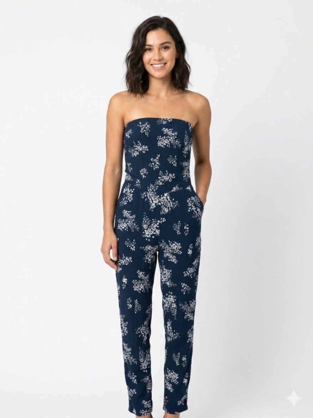 *Free People Navy Floral Strapless Jumpsuit Slim Leg Pockets S 0551